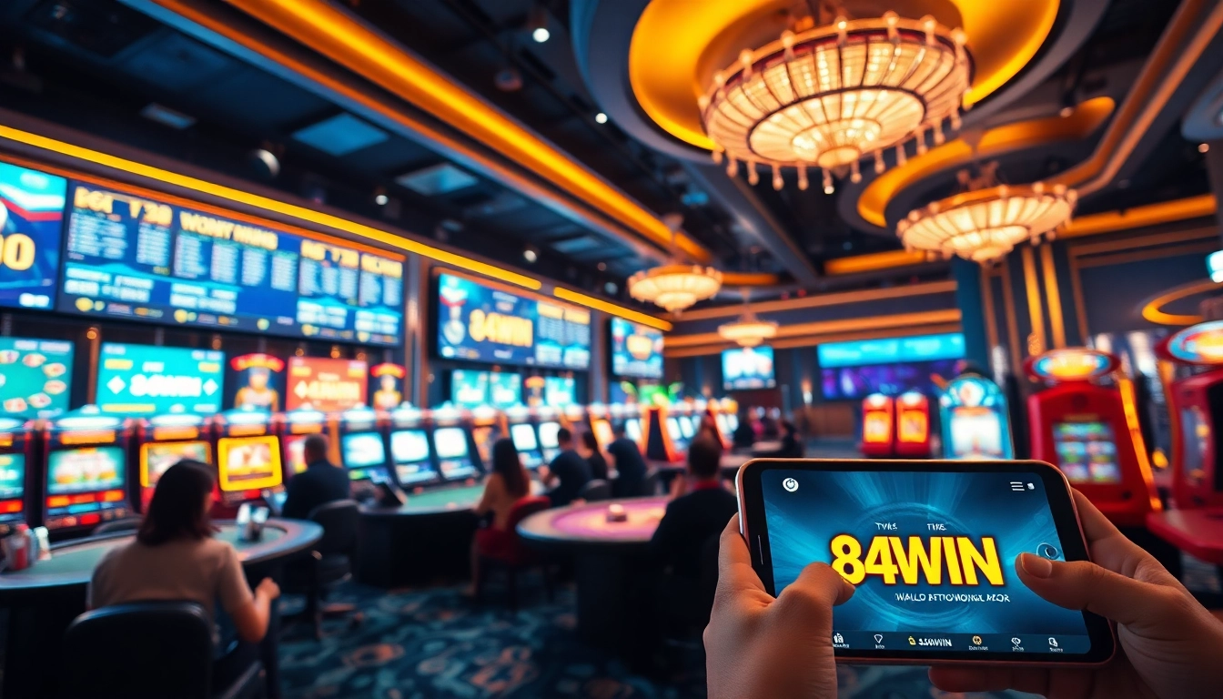 84WIN gaming experience featuring vibrant casino atmosphere and mobile app accessibility