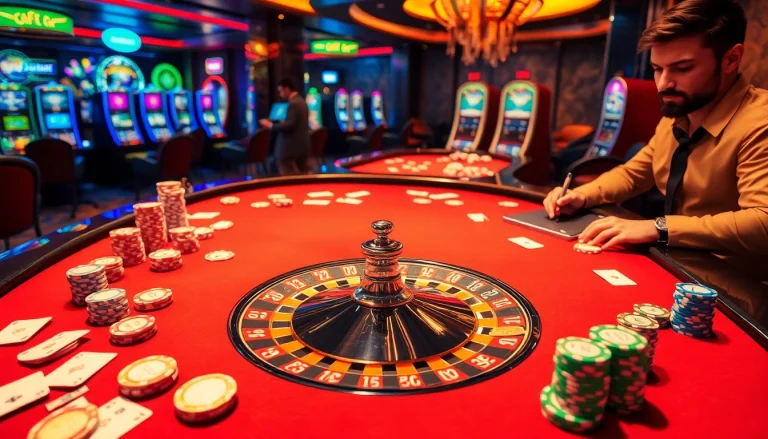 Players engage in high-stakes excitement at a kjc casino table featuring roulette and poker chips.