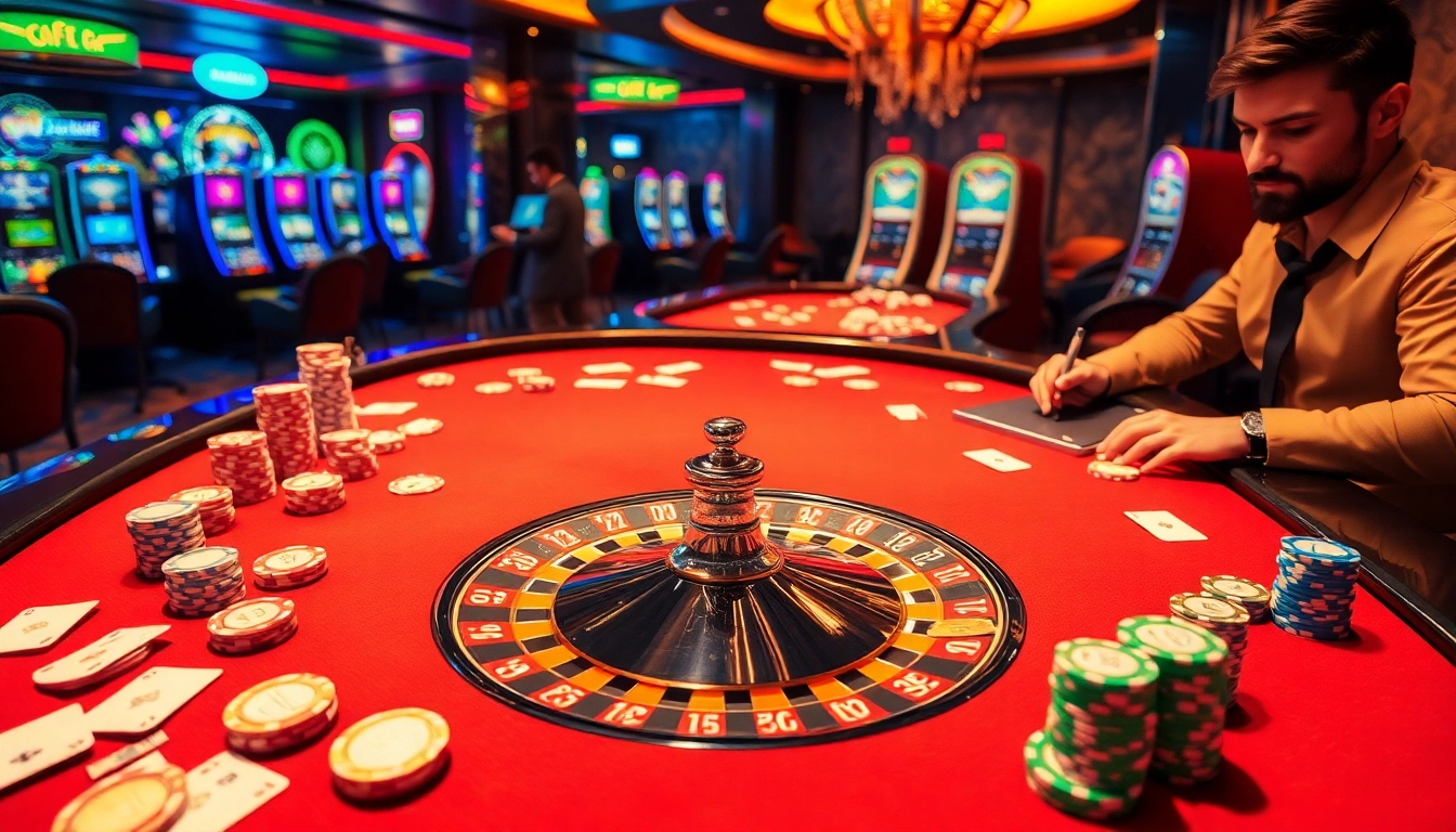 Players engage in high-stakes excitement at a kjc casino table featuring roulette and poker chips.