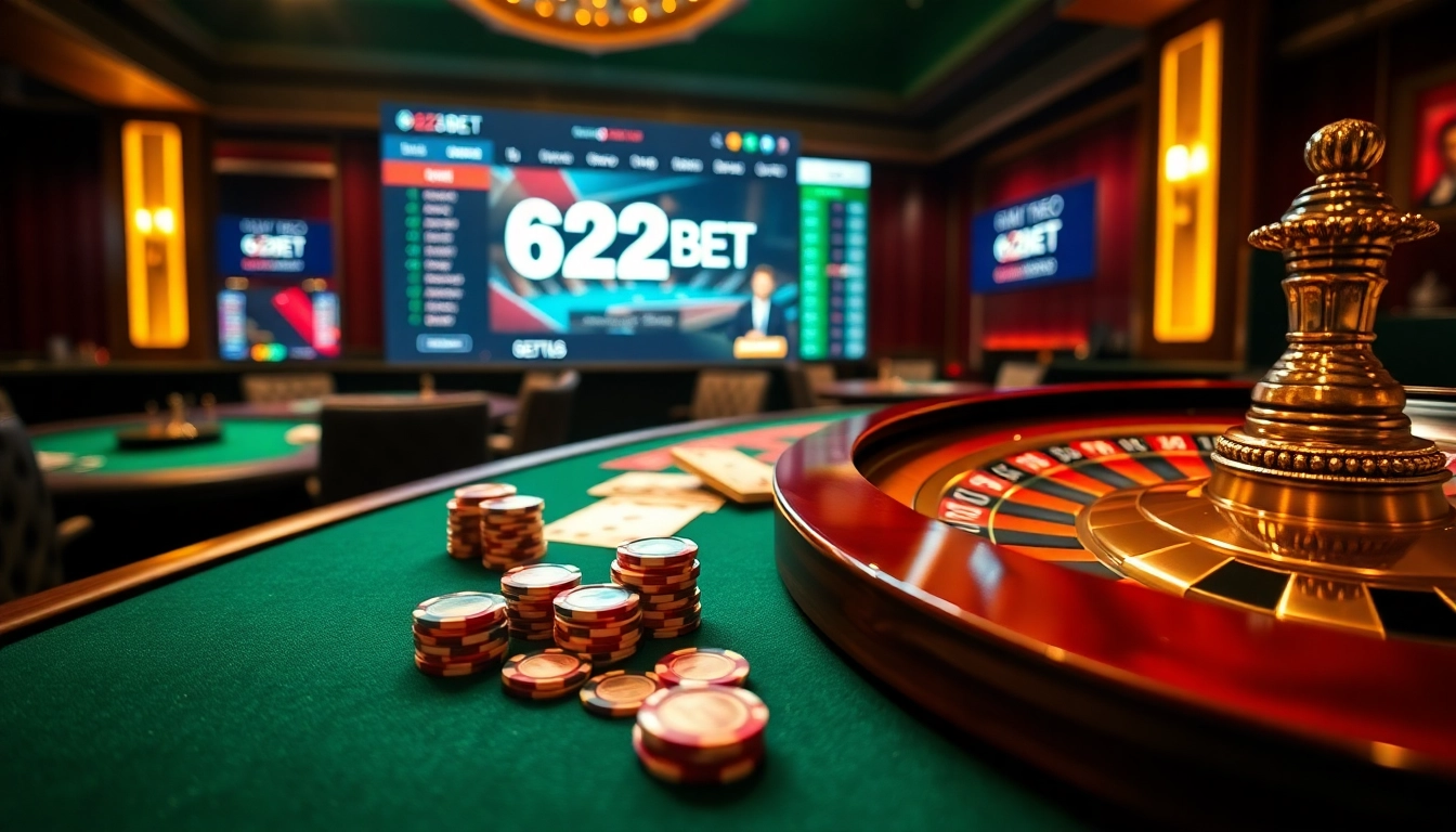 Experience the thrill of 622BET at a luxury casino table with vibrant poker chips and roulette.