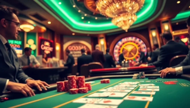 Experience thrilling gameplay at God345's luxurious casino tables with players strategizing their bets.