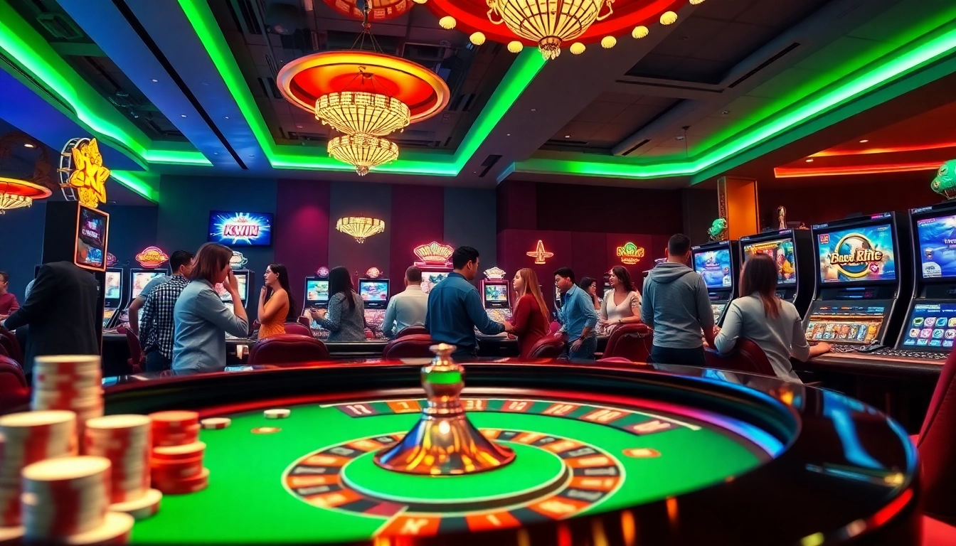 Engage in high-stakes gambling with kkwin, featuring luxury casino visuals and vibrant gaming elements.