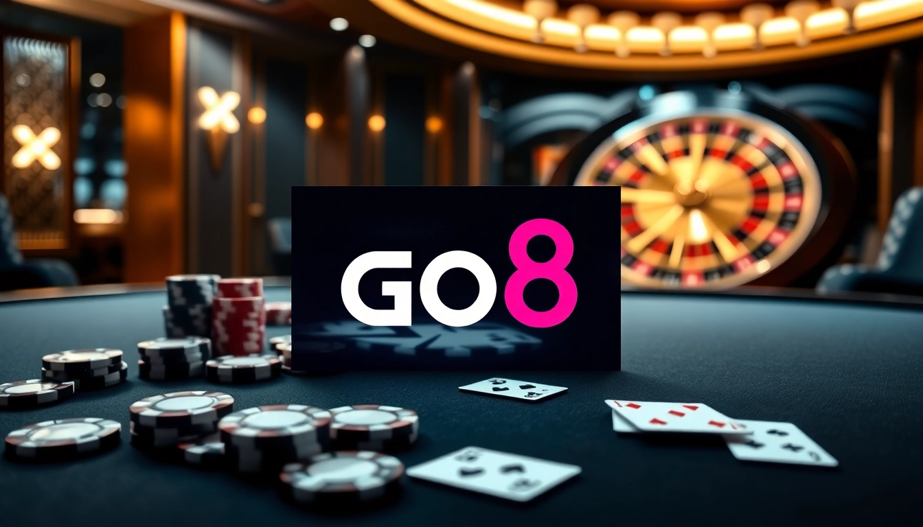 A vibrant casino scene showcasing go8 poker chips and cards, exuding excitement and luxury.