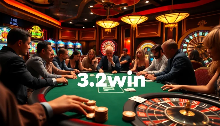 Engaged players at a 32win poker table, vibrant casino ambiance with cards and chips.