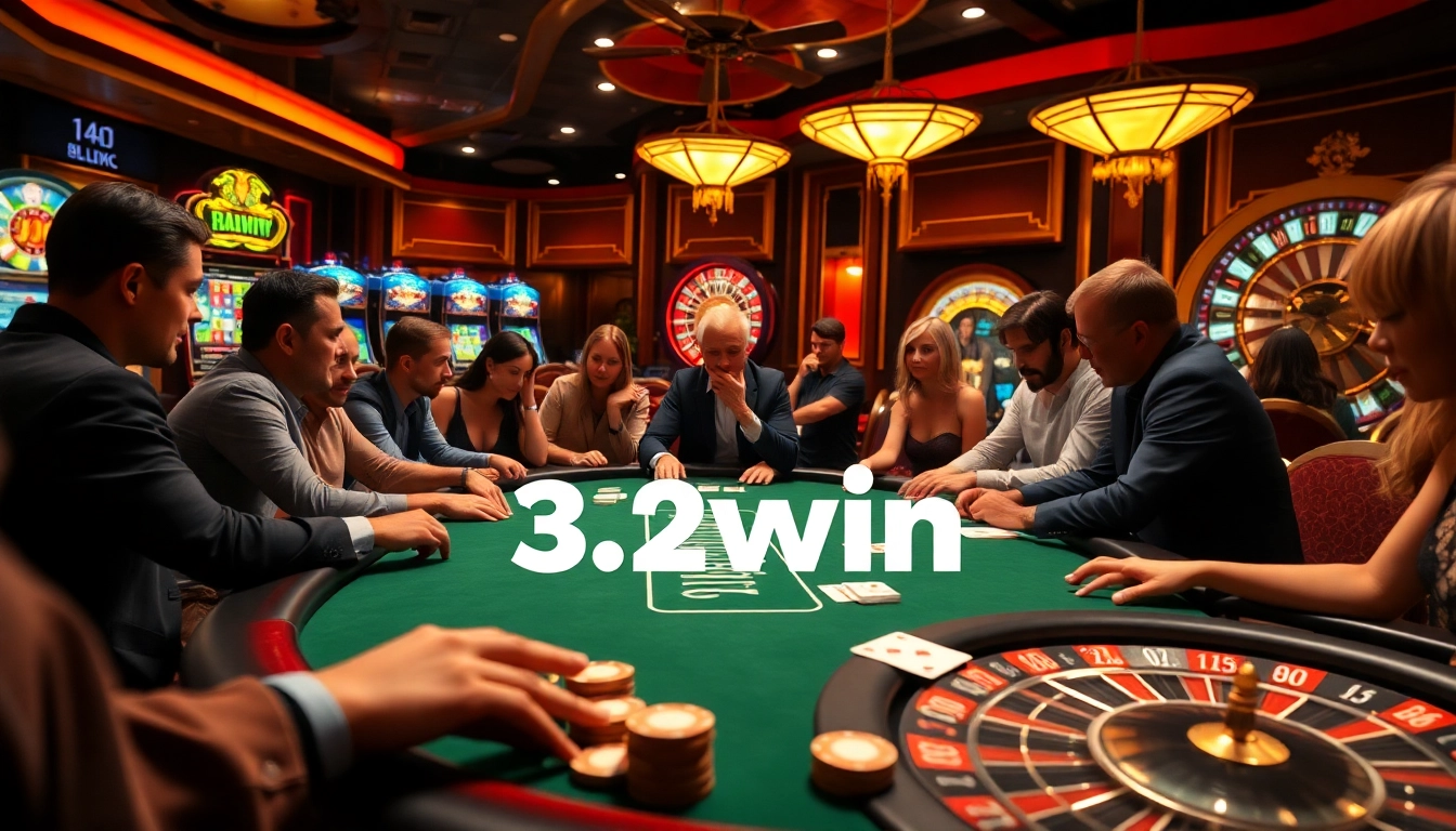 Engaged players at a 32win poker table, vibrant casino ambiance with cards and chips.