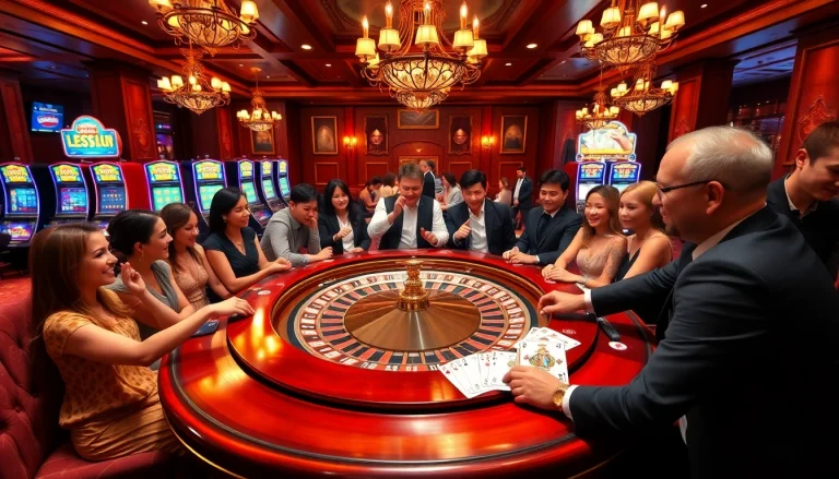 Players engaging in thrilling games at new88 casino, with lively roulette table and colorful chips.
