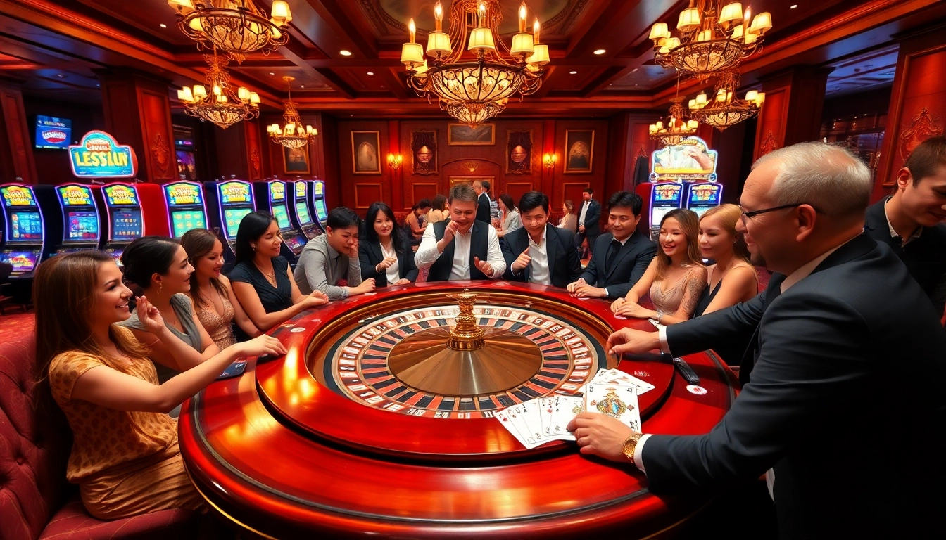 Players engaging in thrilling games at new88 casino, with lively roulette table and colorful chips.