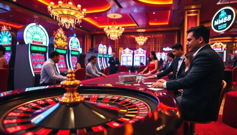 MM88 casino experience featuring excited players at a roulette table with vibrant gaming elements.