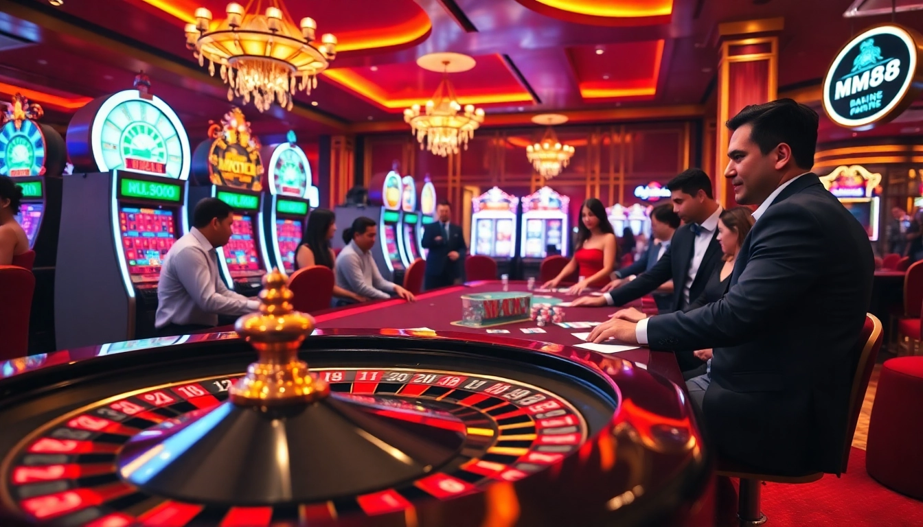 MM88 casino experience featuring excited players at a roulette table with vibrant gaming elements.
