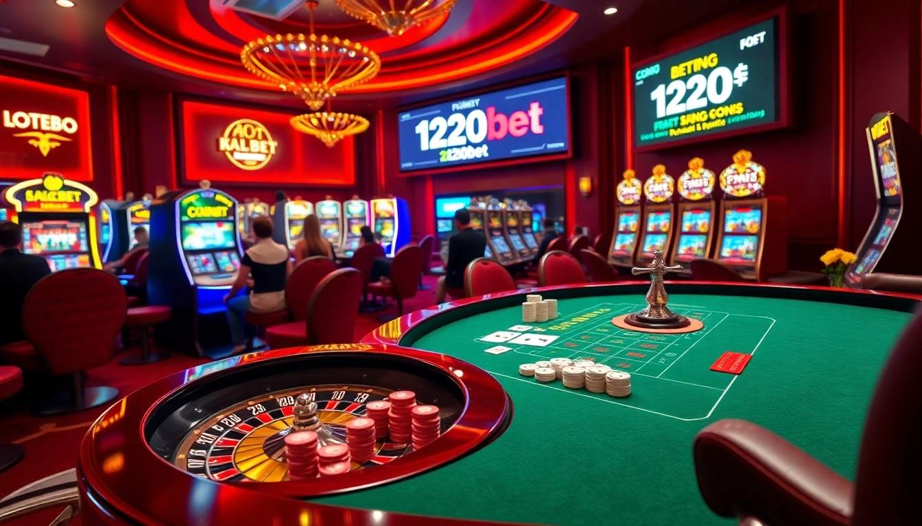 Exciting casino scene featuring a gambling table with 120bet poker chips and roulette wheels.