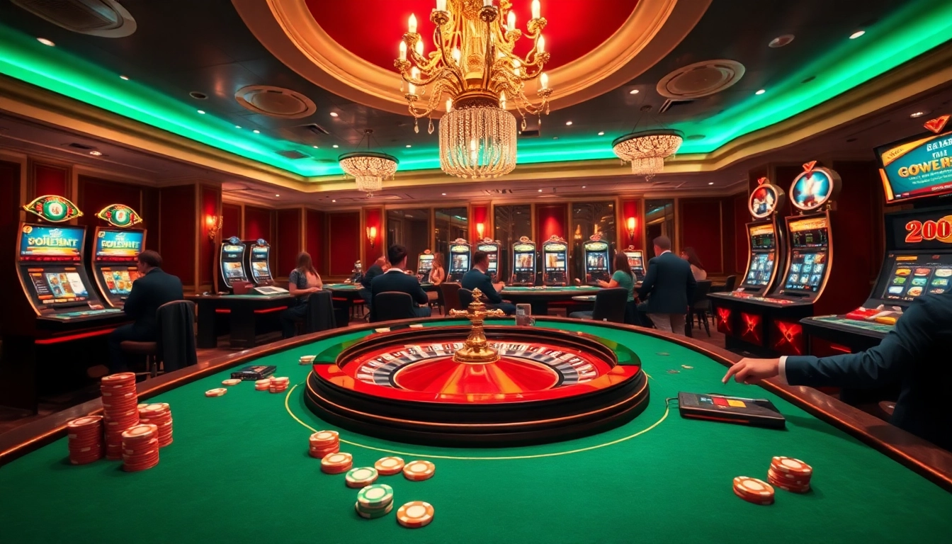 Experience the excitement of rr88 in a vibrant casino scene with poker chips, roulette, and lively gameplay.