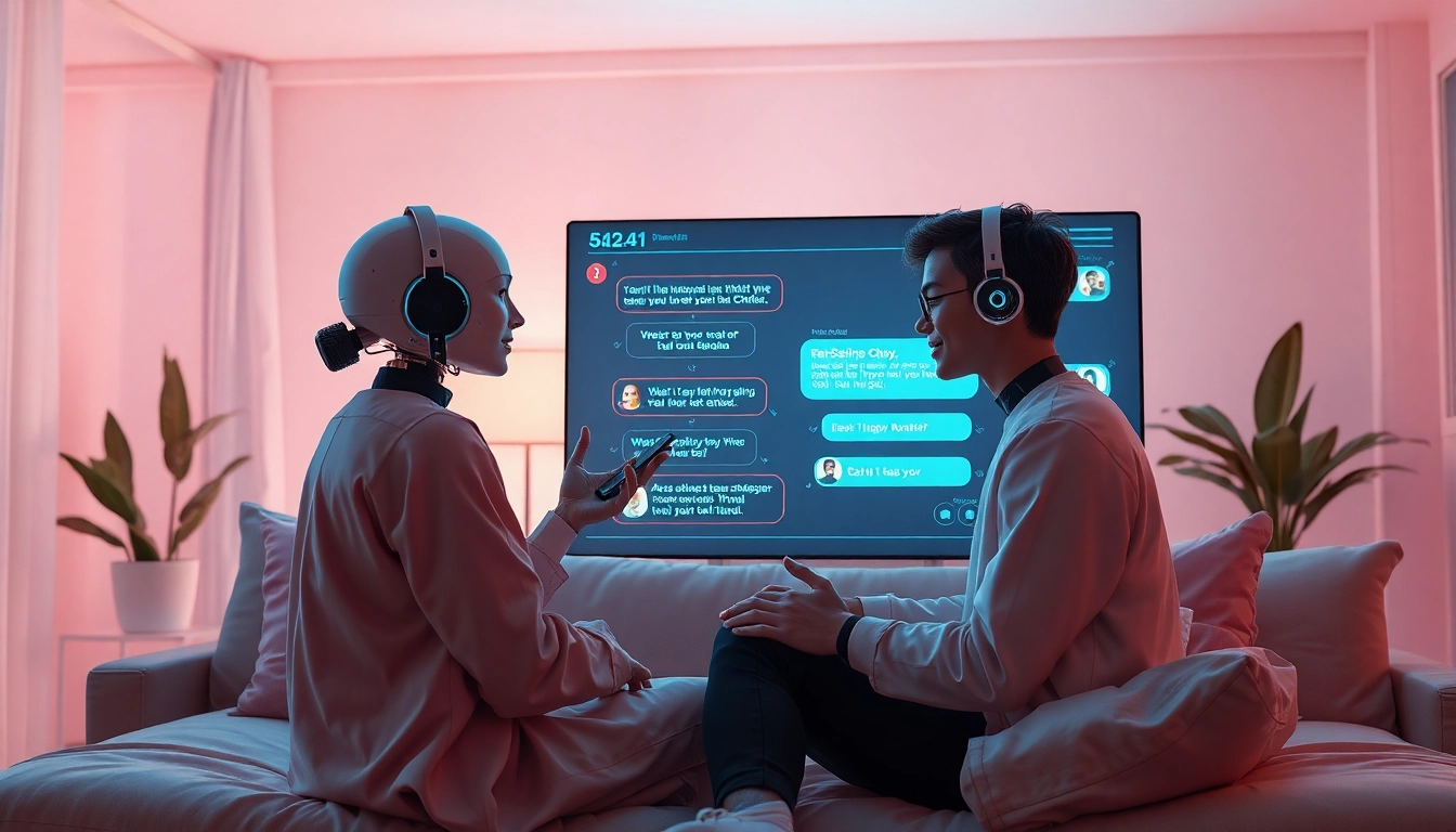 Engaging sexting AI conversation on a high-tech interface in a cozy setting