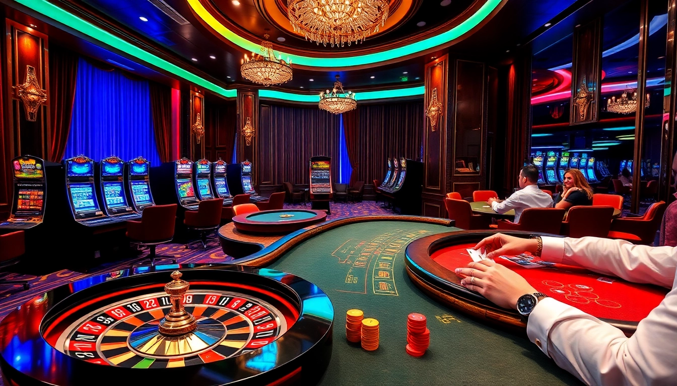 Players enjoying thrilling games at RR 88 casino with vibrant roulette and poker tables.