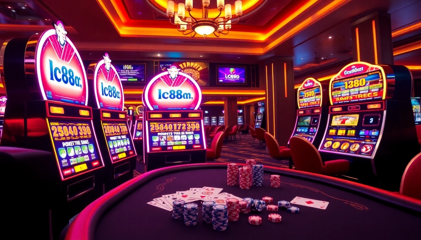 Experience excitement at lc88.com with vibrant slot machines and casino tables in a luxurious setting.