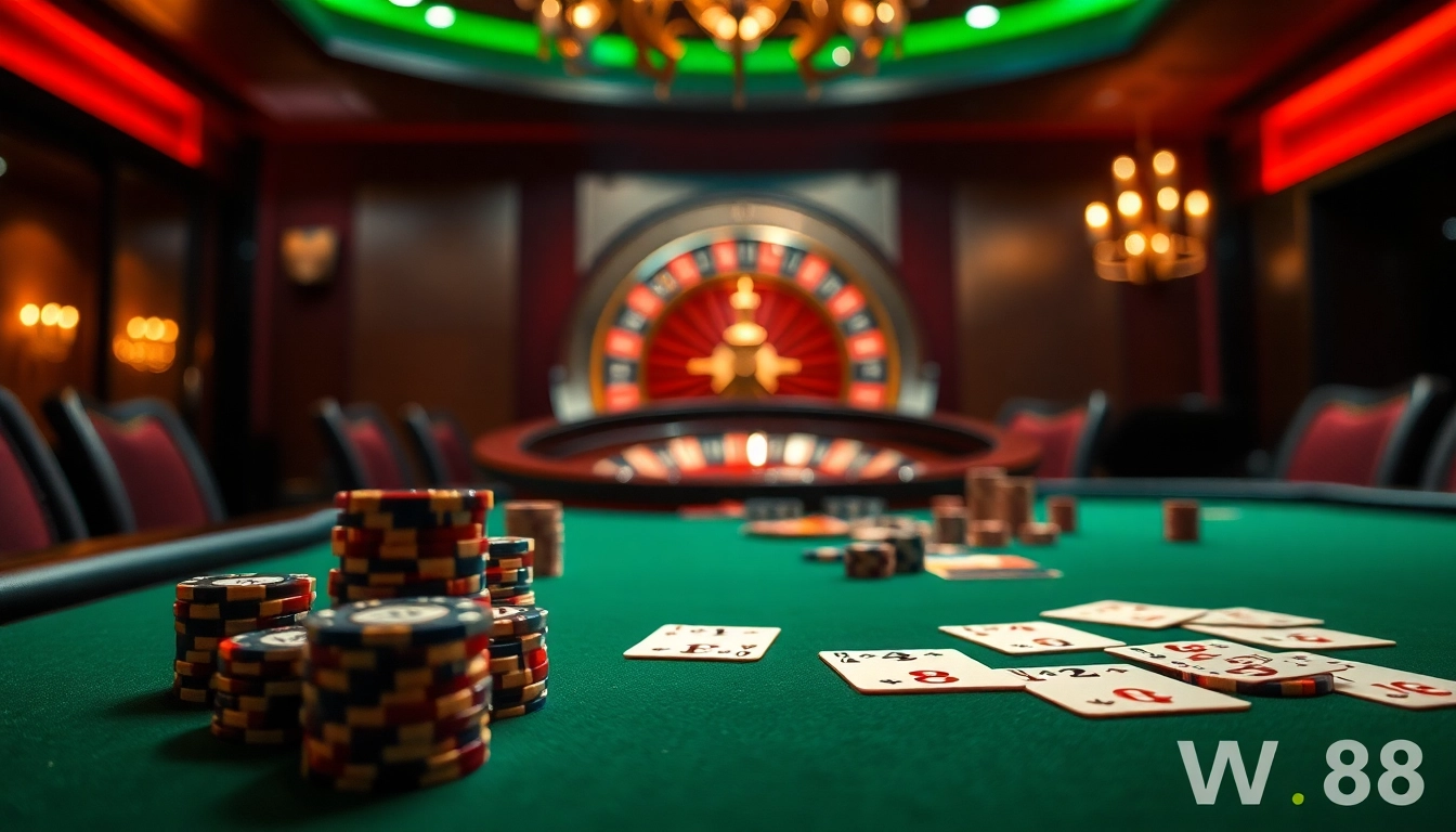 ww88 poker table in a luxurious casino environment, showcasing high-stakes gameplay and excitement