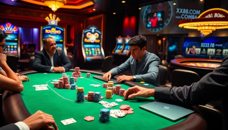 Engage in thrilling gameplay at XX88.COM with vibrant poker chips and a roulette wheel.