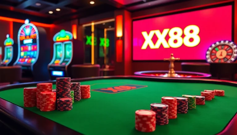 Experience the thrill of gambling at XX88, a luxurious casino with vibrant poker chips and glowing slots.