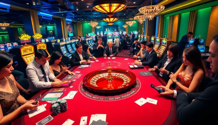 Players enjoying mm88 casino games at a vibrant gaming table with chips and cards.