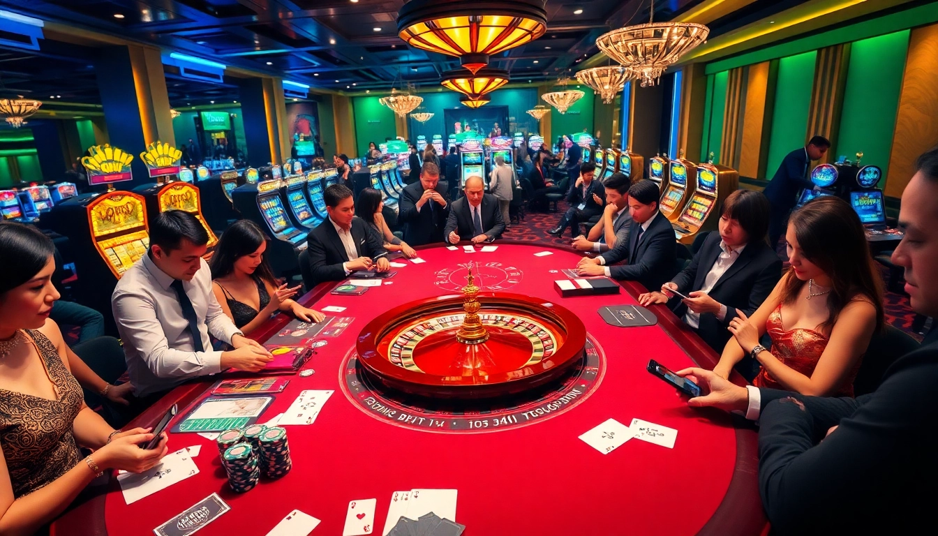 Players enjoying mm88 casino games at a vibrant gaming table with chips and cards.