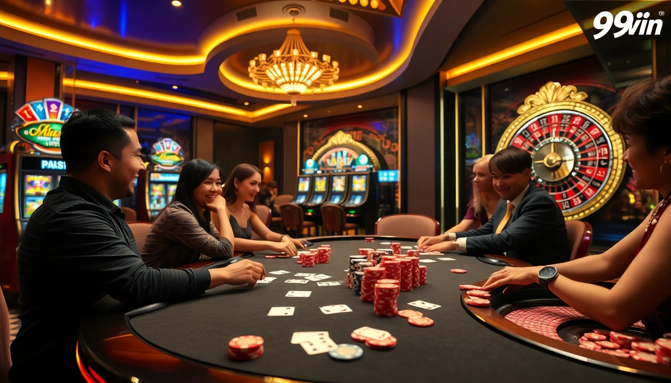 Players enjoying thrilling poker games at 99win casino, surrounded by vibrant atmosphere.