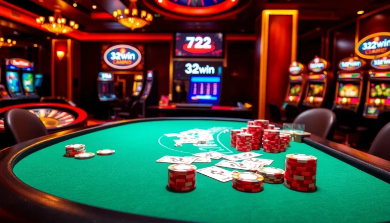 Experience the excitement of 32win casino with vibrant poker tables and glamorous slot machines.