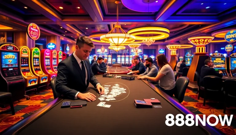 Players enjoying thrilling games at 888NOW casino, showcasing excitement and luxury.