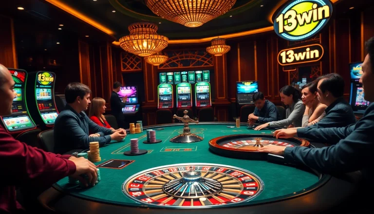 Experience excitement at 13win casino with vibrant gaming atmosphere and players engaged in thrilling bets.