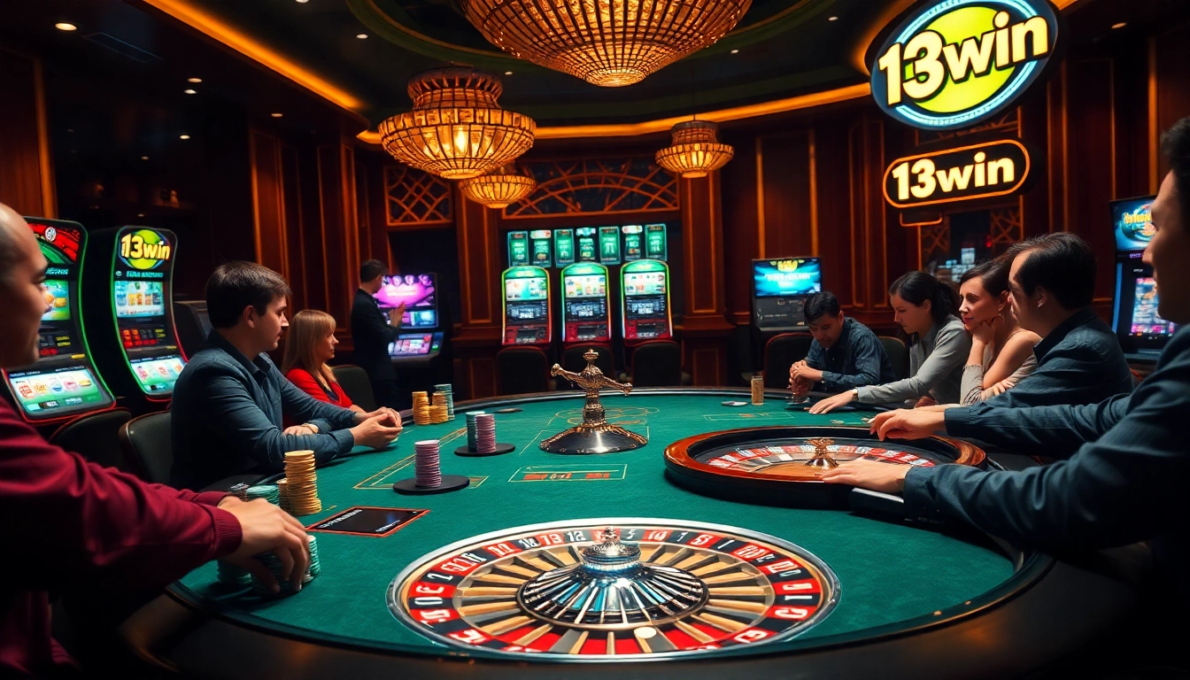 Experience excitement at 13win casino with vibrant gaming atmosphere and players engaged in thrilling bets.