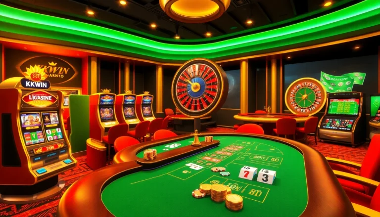 Gambling excitement at https://kkwin.life/ with players at a poker table and colorful slot machines.