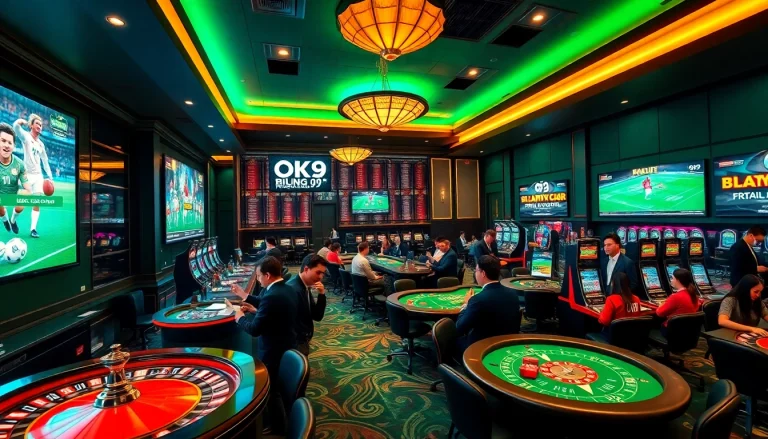 Enjoy sports betting excitement at OK9 BÓNG ĐÁ with lively players and vibrant screens showcasing matches.