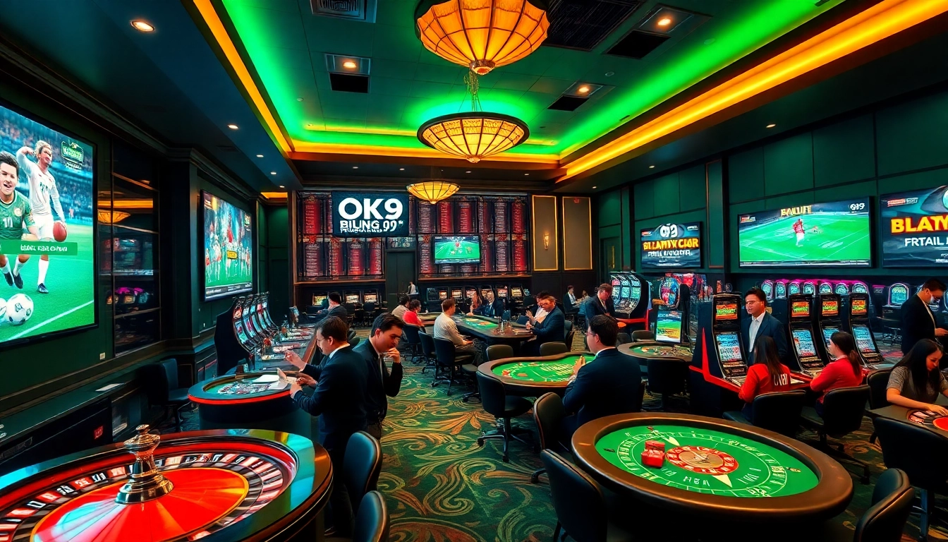 Enjoy sports betting excitement at OK9 BÓNG ĐÁ with lively players and vibrant screens showcasing matches.
