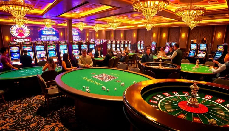 Players enjoying high-stakes games at 32win's luxurious casino, showcasing excitement and professionalism.