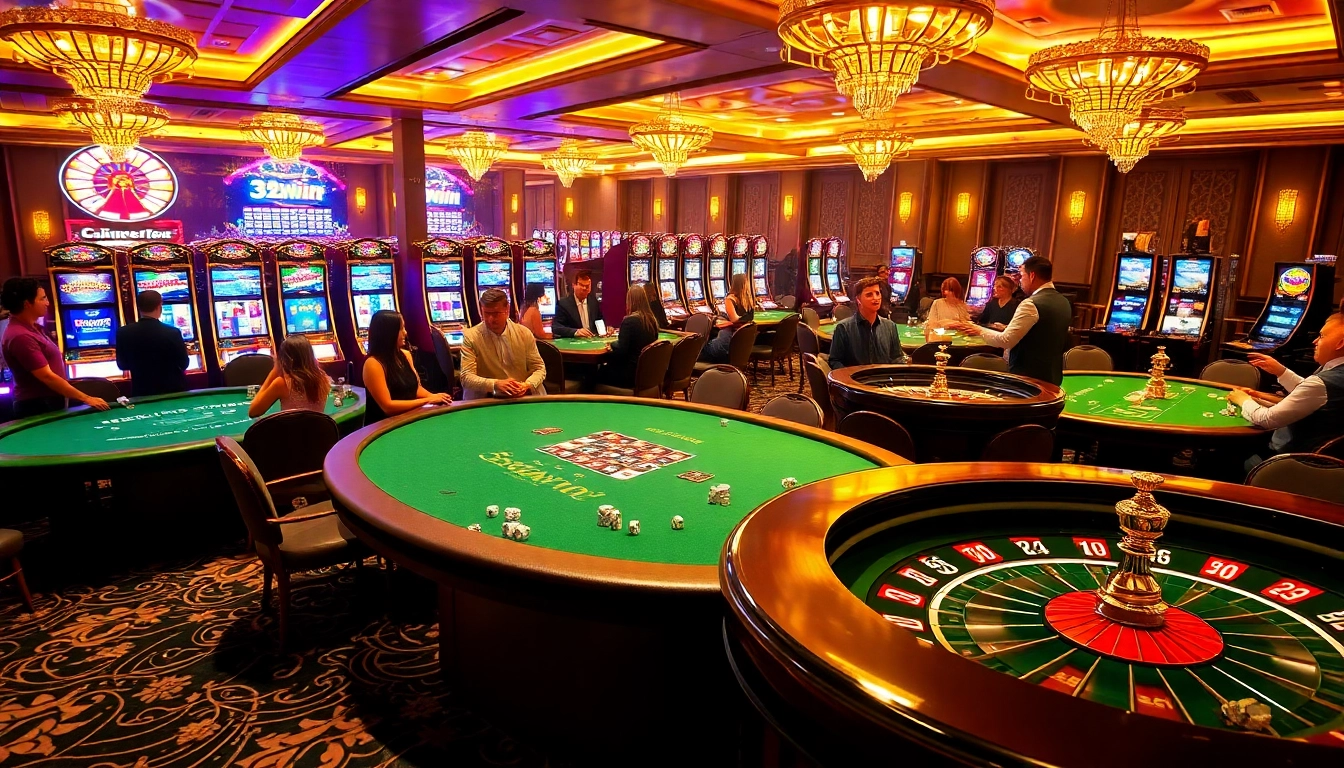 Players enjoying high-stakes games at 32win's luxurious casino, showcasing excitement and professionalism.