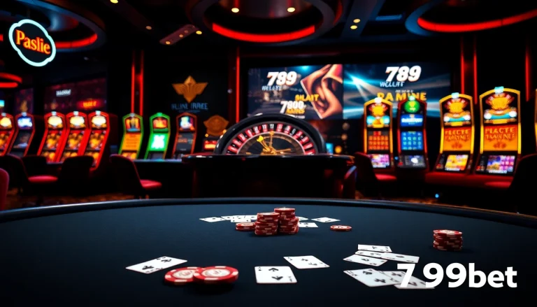 Engage with the high-stakes casino atmosphere at 789bet, featuring vibrant poker chips and a roulette wheel.