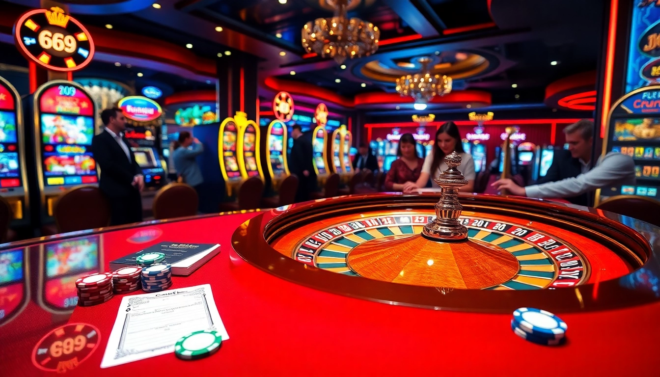 Exciting casino scene with 669bet branding, featuring roulette and poker elements in action.