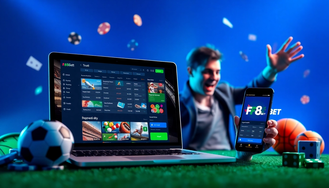 Engaging online betting experience with F8BET platform on mobile and laptop.
