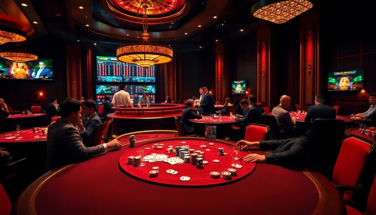 Exciting casino scene highlighting the ink vao 12bet experience with poker tables and roulette wheels.