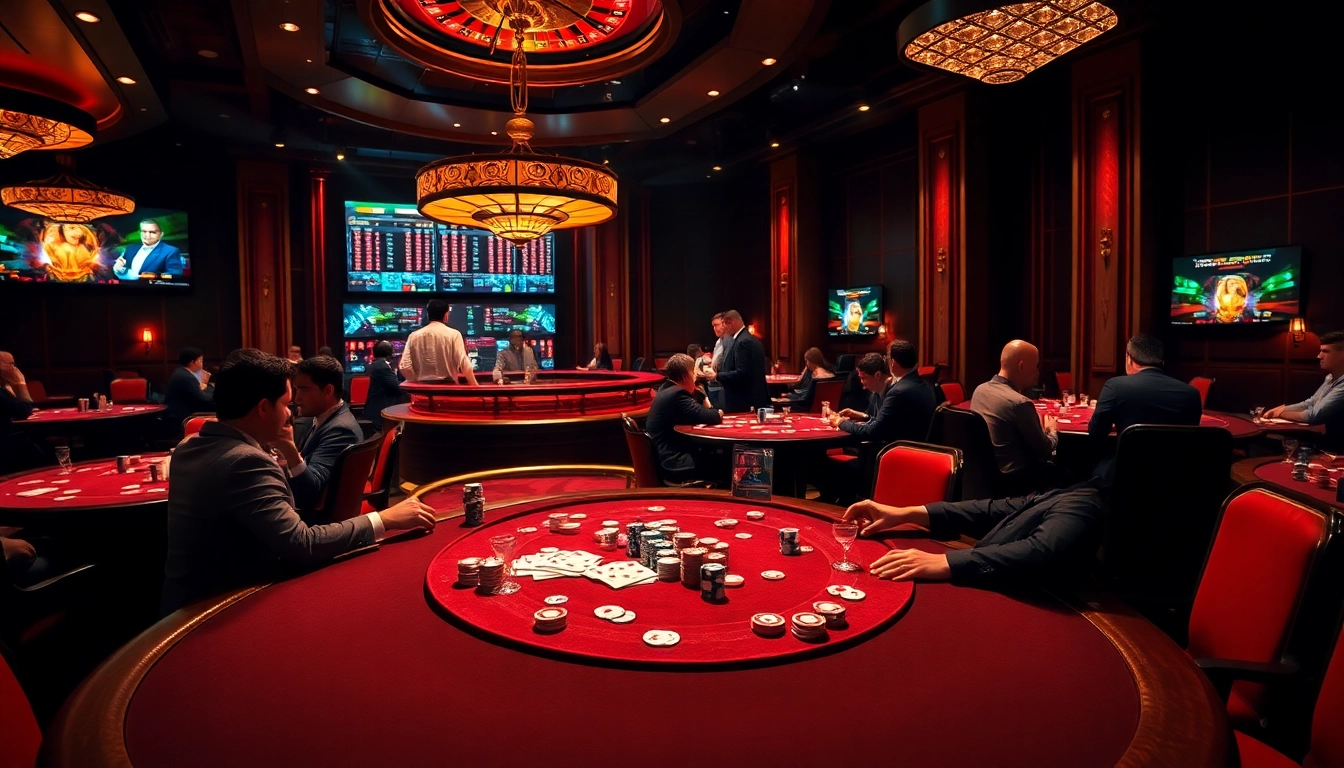 Exciting casino scene highlighting the ink vao 12bet experience with poker tables and roulette wheels.