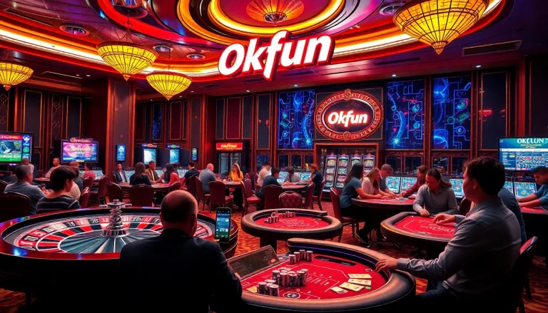 Engaged players at the Okfun casino, showcasing excitement and elegance in a vibrant gambling environment.