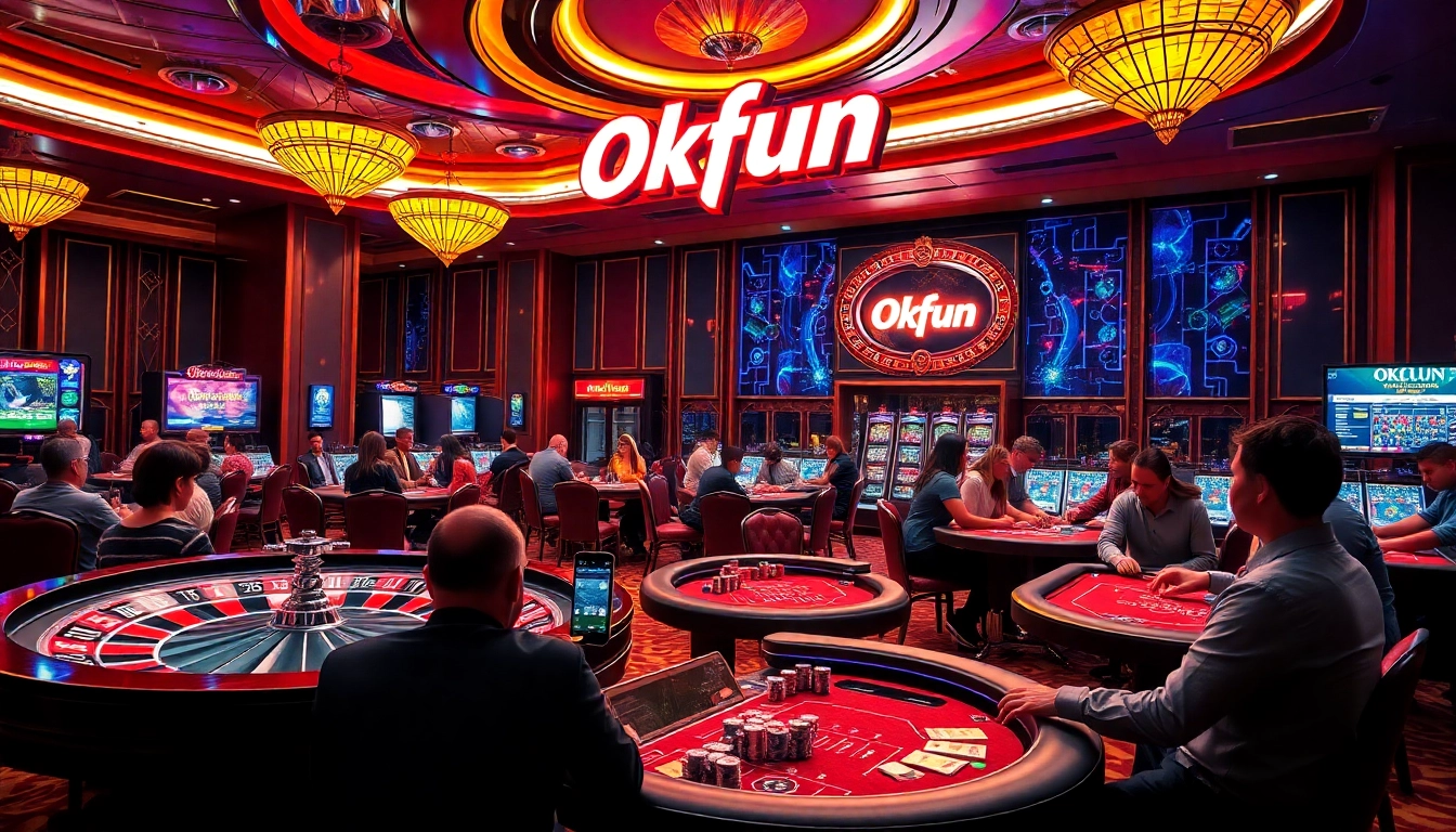 Engaged players at the Okfun casino, showcasing excitement and elegance in a vibrant gambling environment.