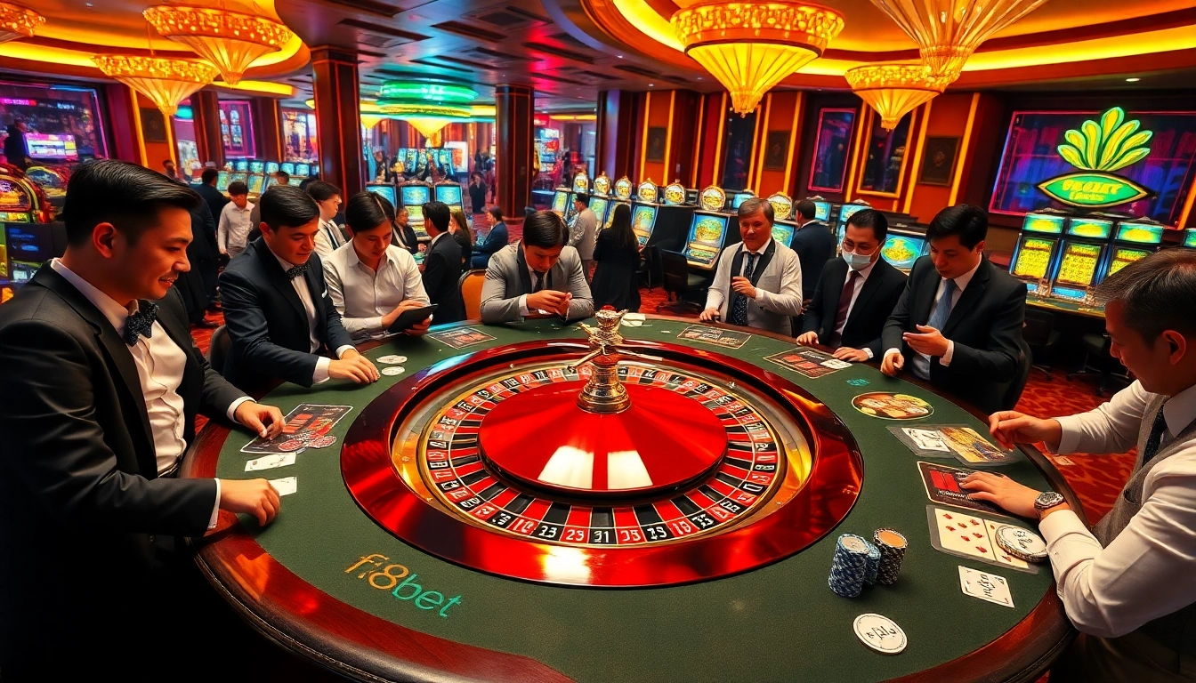 F8bet trang chủ gambling scene featuring excited players at a luxury casino table.