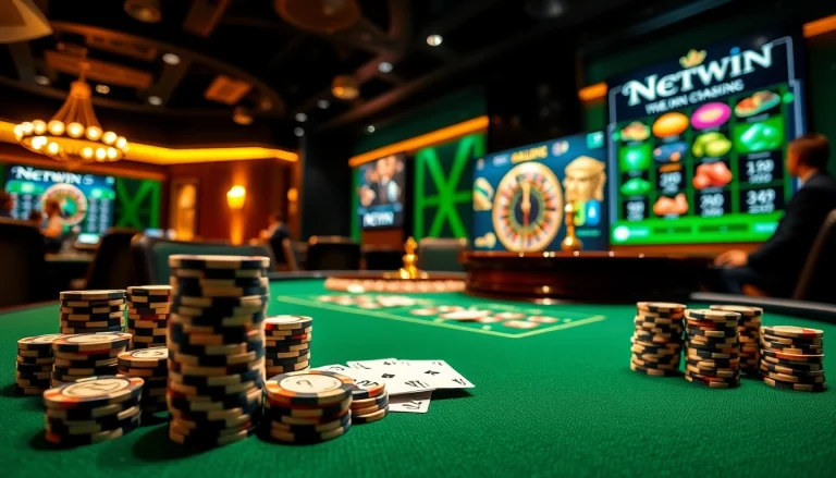 Players enjoying a dynamic gaming experience at Netwin casino, featuring vibrant poker chips and roulette wheel.