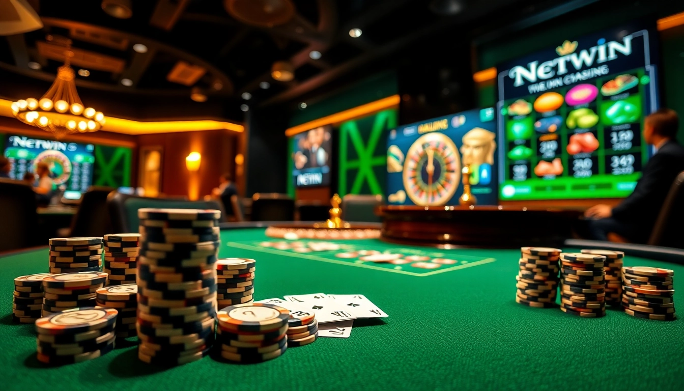 Players enjoying a dynamic gaming experience at Netwin casino, featuring vibrant poker chips and roulette wheel.