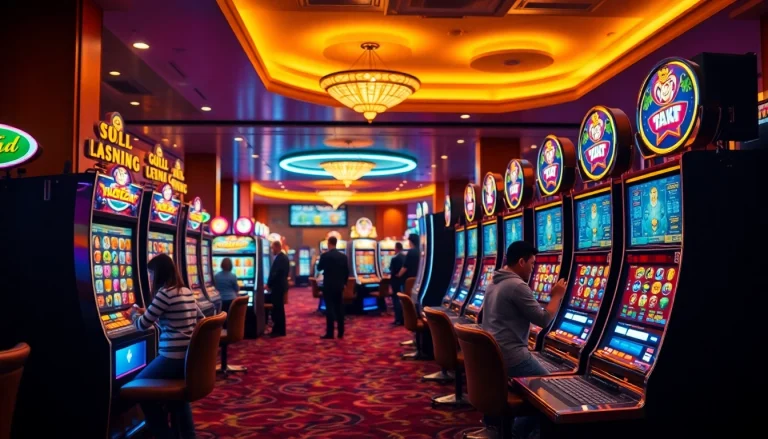Exciting scene of players at doaslot machines in a vibrant casino interior, showcasing thrilling gaming atmosphere.