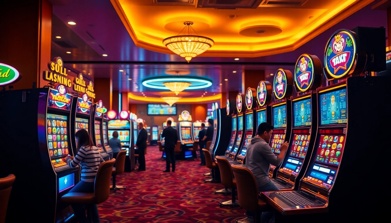 Exciting scene of players at doaslot machines in a vibrant casino interior, showcasing thrilling gaming atmosphere.