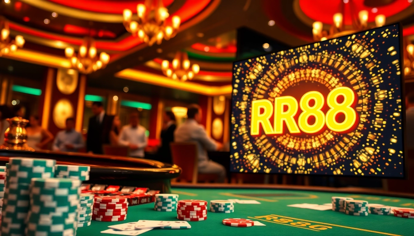 Experience thrilling gameplay at RR88 casino with poker chips and roulette wheel illuminated in luxury.