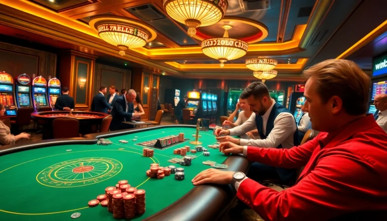 Experience the thrill of winning at win55 casino, with players enjoying poker and roulette in a luxury setting.