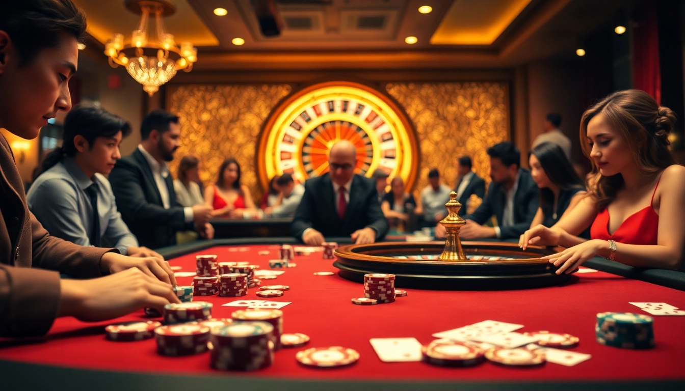 KJC players enjoying a luxurious casino experience with poker chips and a roulette wheel.