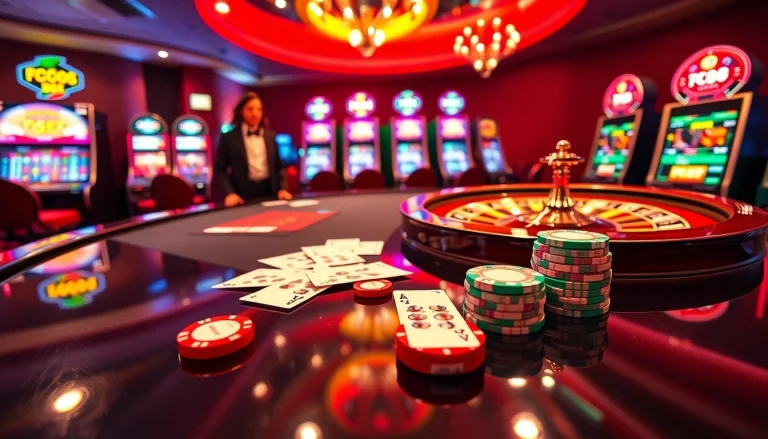 FC88 players enjoying a thrilling game of poker at a luxurious casino table.