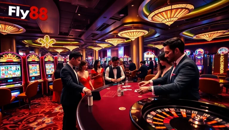 Experience the excitement at Fly88's casino tables with vibrant players and dazzling slot machines.